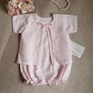 RARE Pink Linen Romper Bubble Set Boutique Hand Embroidery 9/12 Months NWT